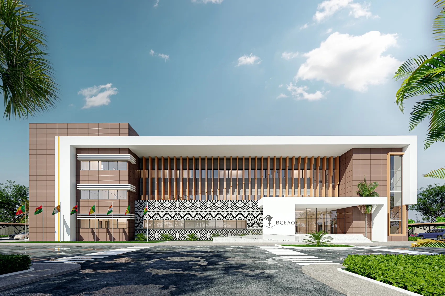 Agence BCEAO de Kandi : façade aux brise-soleil verticaux, parements terreux et motifs géométriques, vue de jour