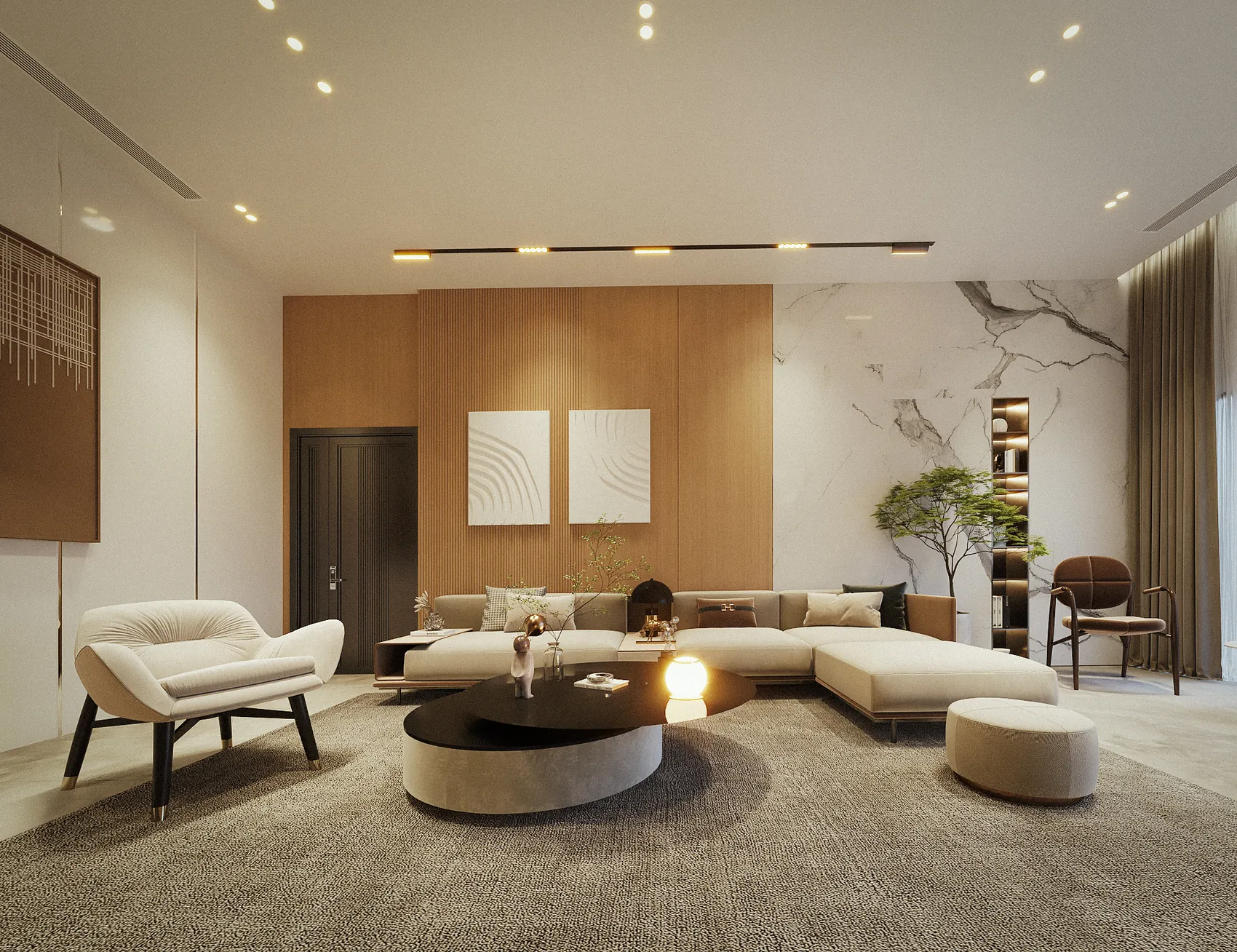 Séjour aux boiseries, au marbre et au mobilier beige, sous un éclairage doux