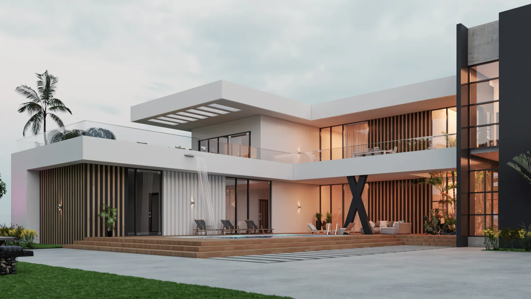 Villa contemporaine aux volumes blancs et anthracite, terrasses de bois ouvertes sur une piscine à cascade, à la tombée du jour