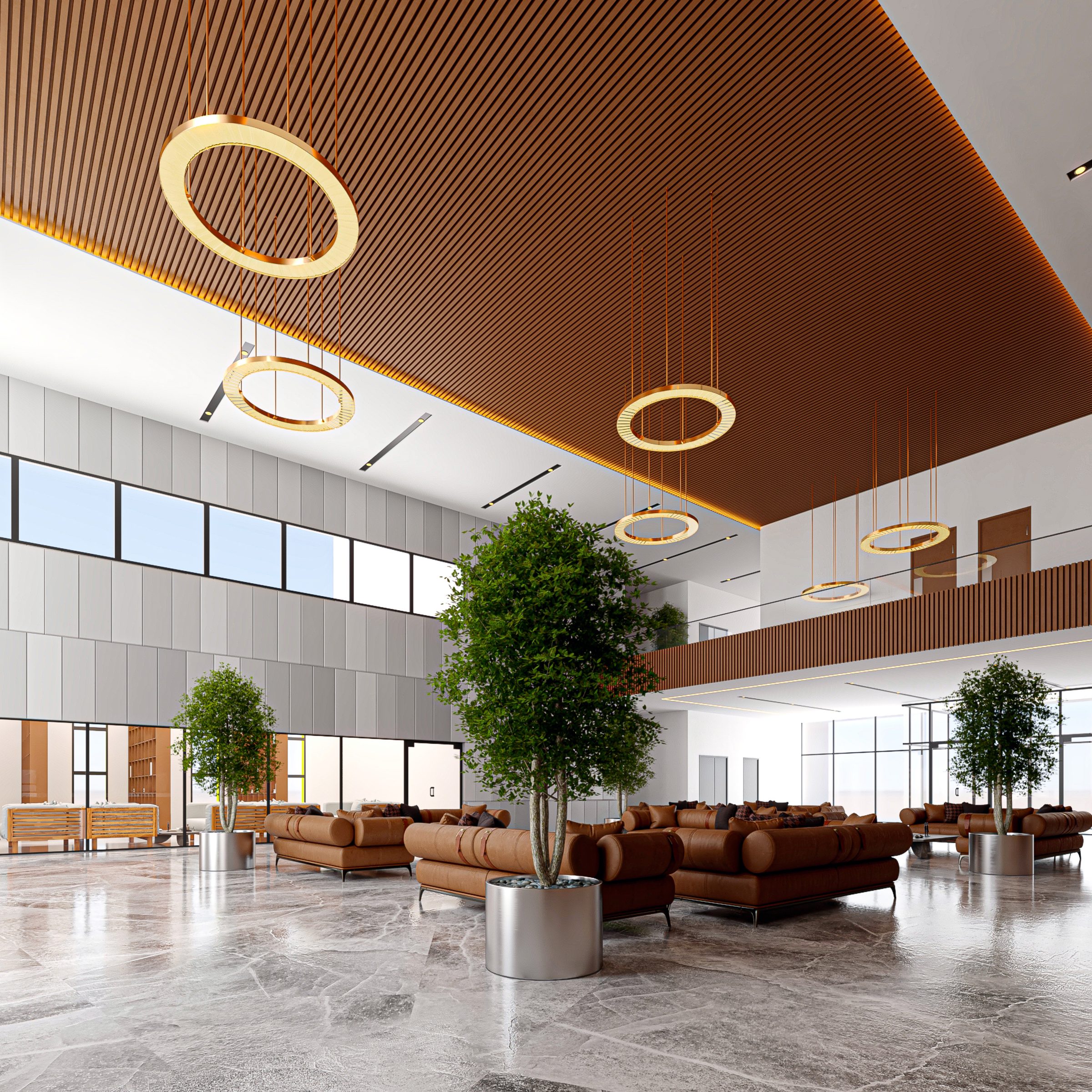 BCEAO Kandi — hall d'accueil, plafond bois et éclairages circulaires