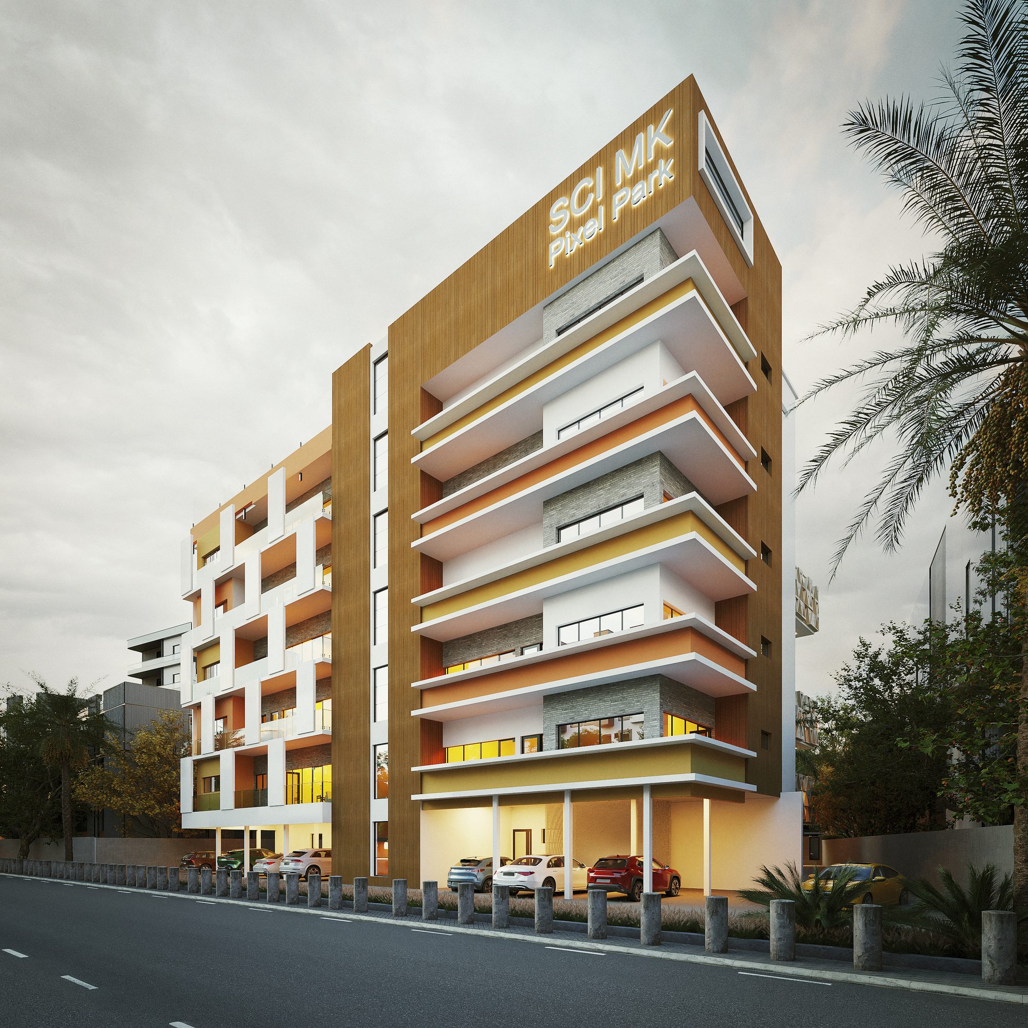 Complexe immobilier à Abidjan — vue de l'immeuble voisin aux balcons et bandeaux ocre