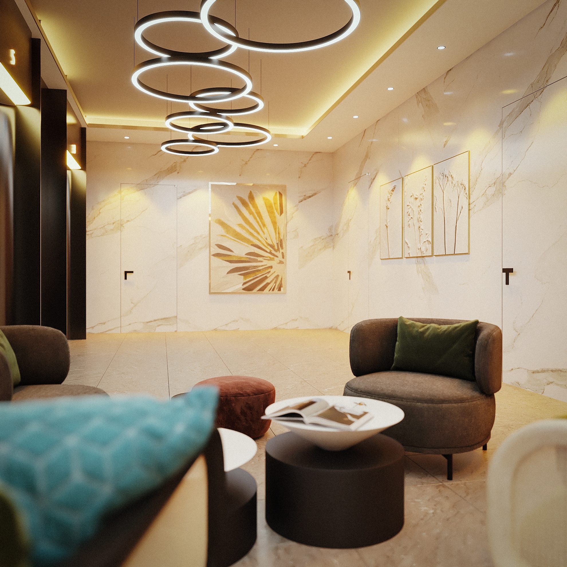 Complexe immobilier à Abidjan — espace d'attente et sièges aux formes douces
