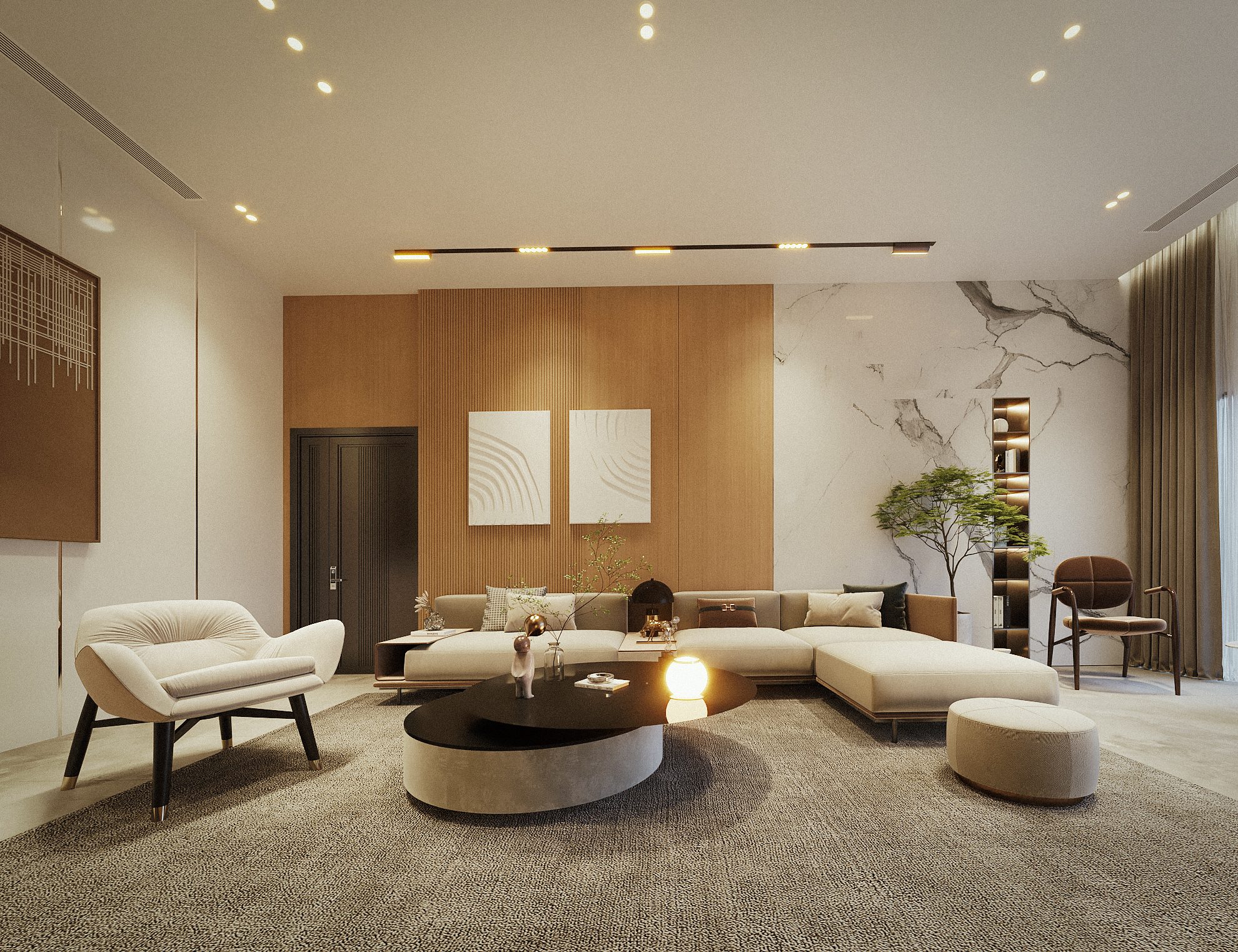 Complexe immobilier à Abidjan — salon aux boiseries, au marbre et au mobilier beige