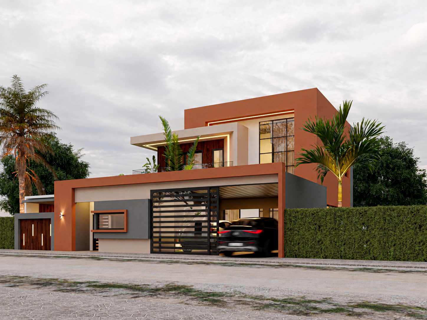 Duplex Bi — vue de la façade avant et de la clôture