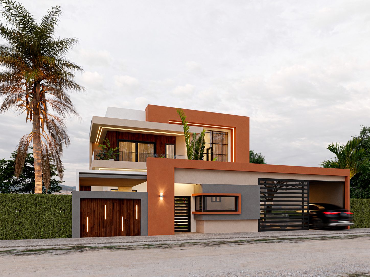 Duplex Bi — vue de la façade avant, garage et entrée