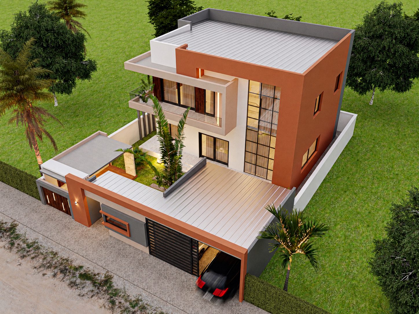 Duplex Bi — vue aérienne de la villa et du terrain