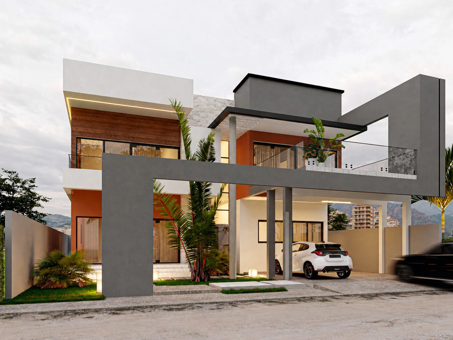 Duplex Bo — vue de la façade latérale et du portique d'entrée