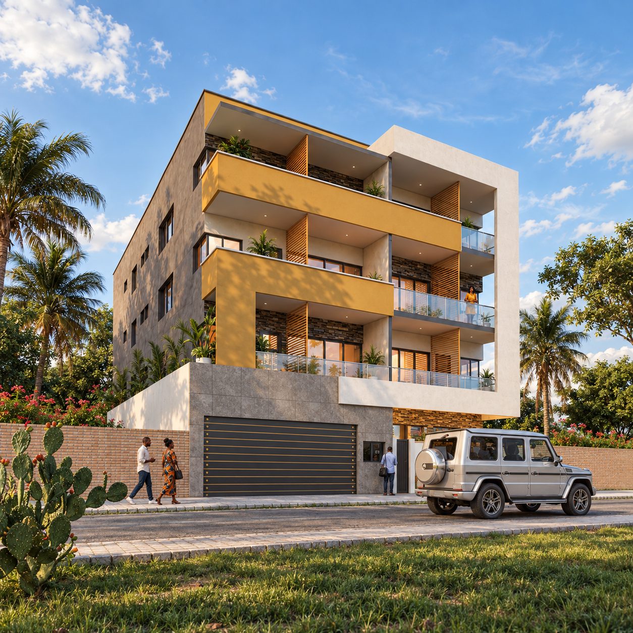 Immeuble KA2 — vue d'angle de l'immeuble, parements en pierre et garde-corps vitrés