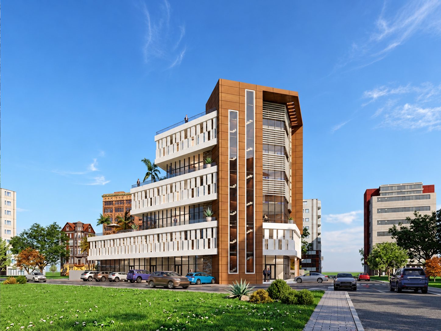 Immeuble R+5 de bureaux — vue d'angle de la façade de jour, terrasses en gradins et brise-soleil blancs
