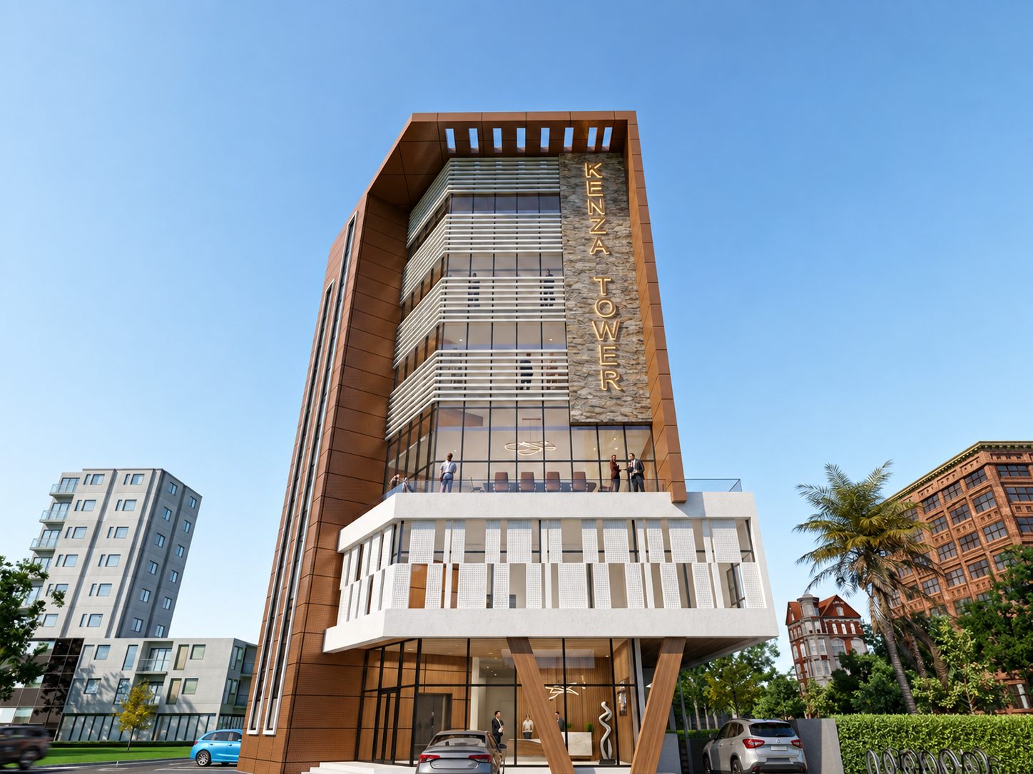 Immeuble R+5 de bureaux — vue en contre-plongée de la tour et de ses brise-soleil