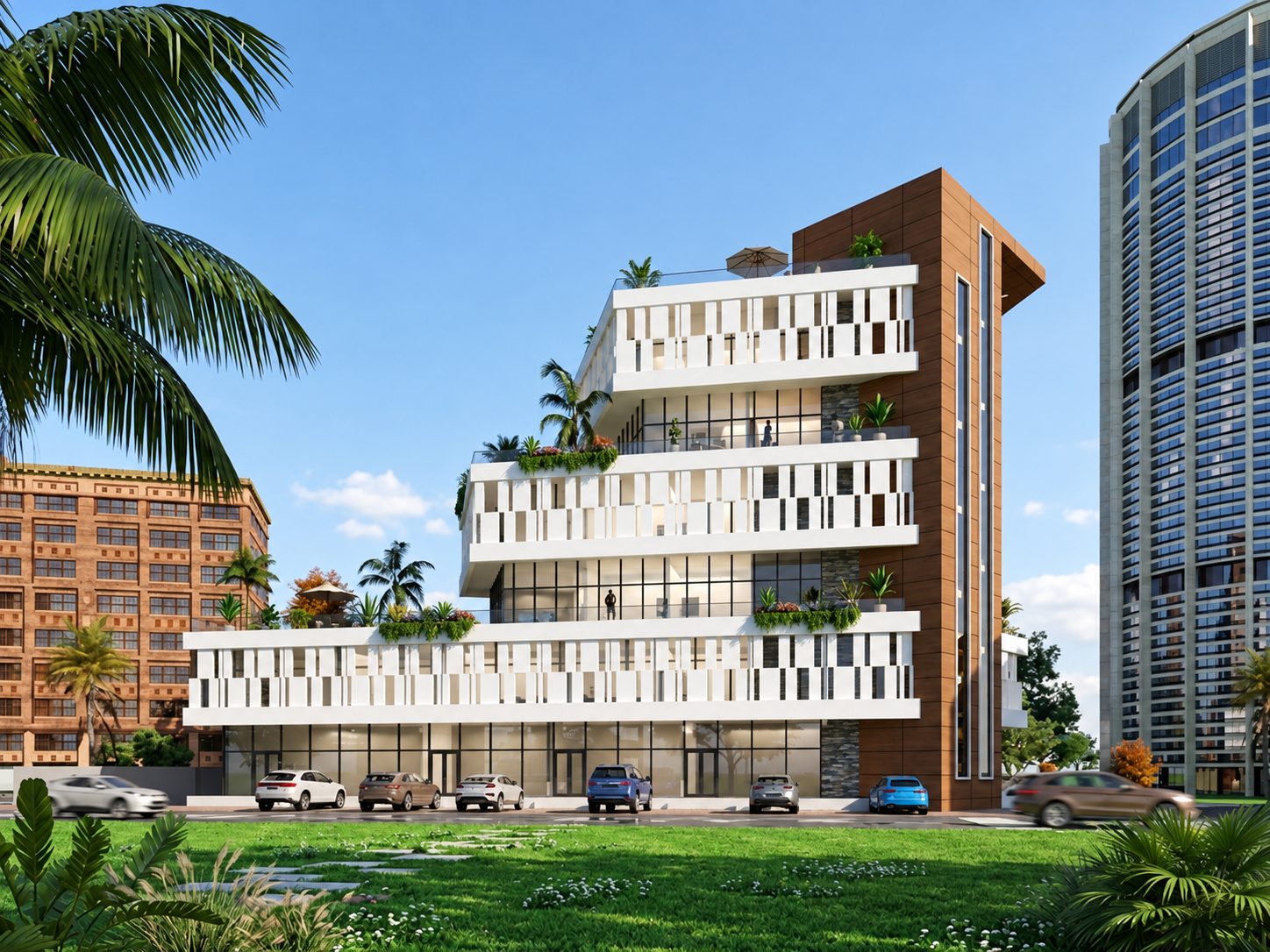 Immeuble R+5 de bureaux — terrasses végétalisées en gradins, vue de jour