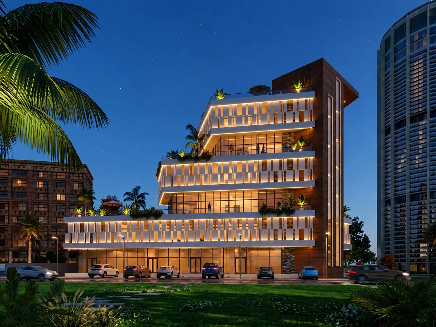 Immeuble R+5 de bureaux — terrasses en gradins éclairées au crépuscule