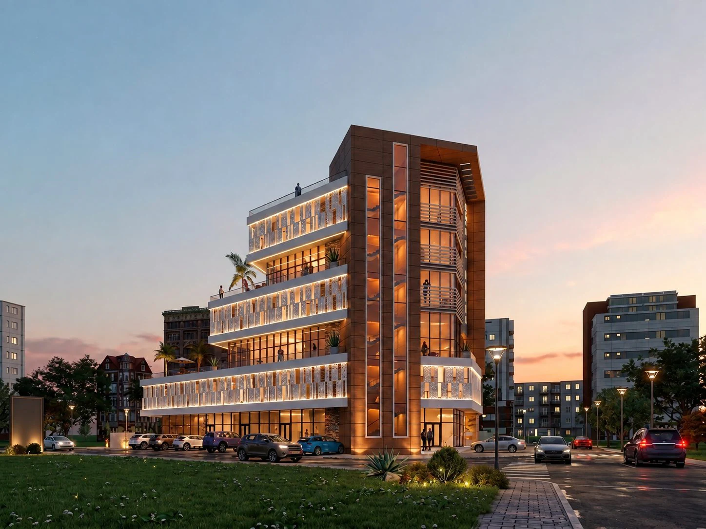 Immeuble R+5 de bureaux — façade éclairée au coucher du soleil