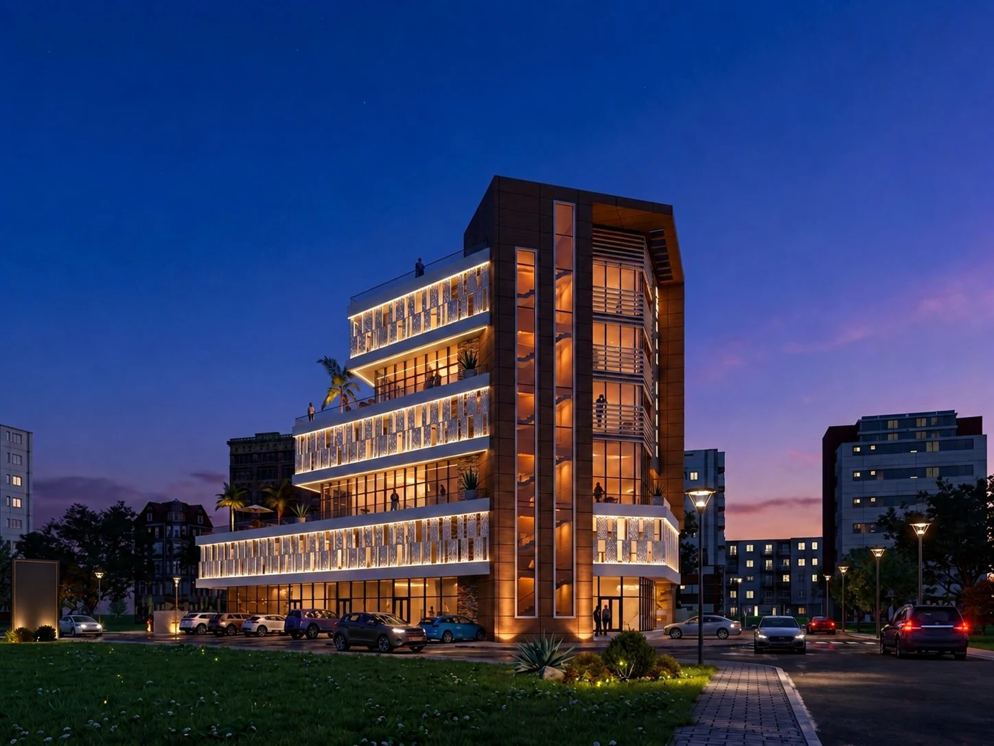 Immeuble R+5 de bureaux — vue de nuit, éclairage intégré des terrasses