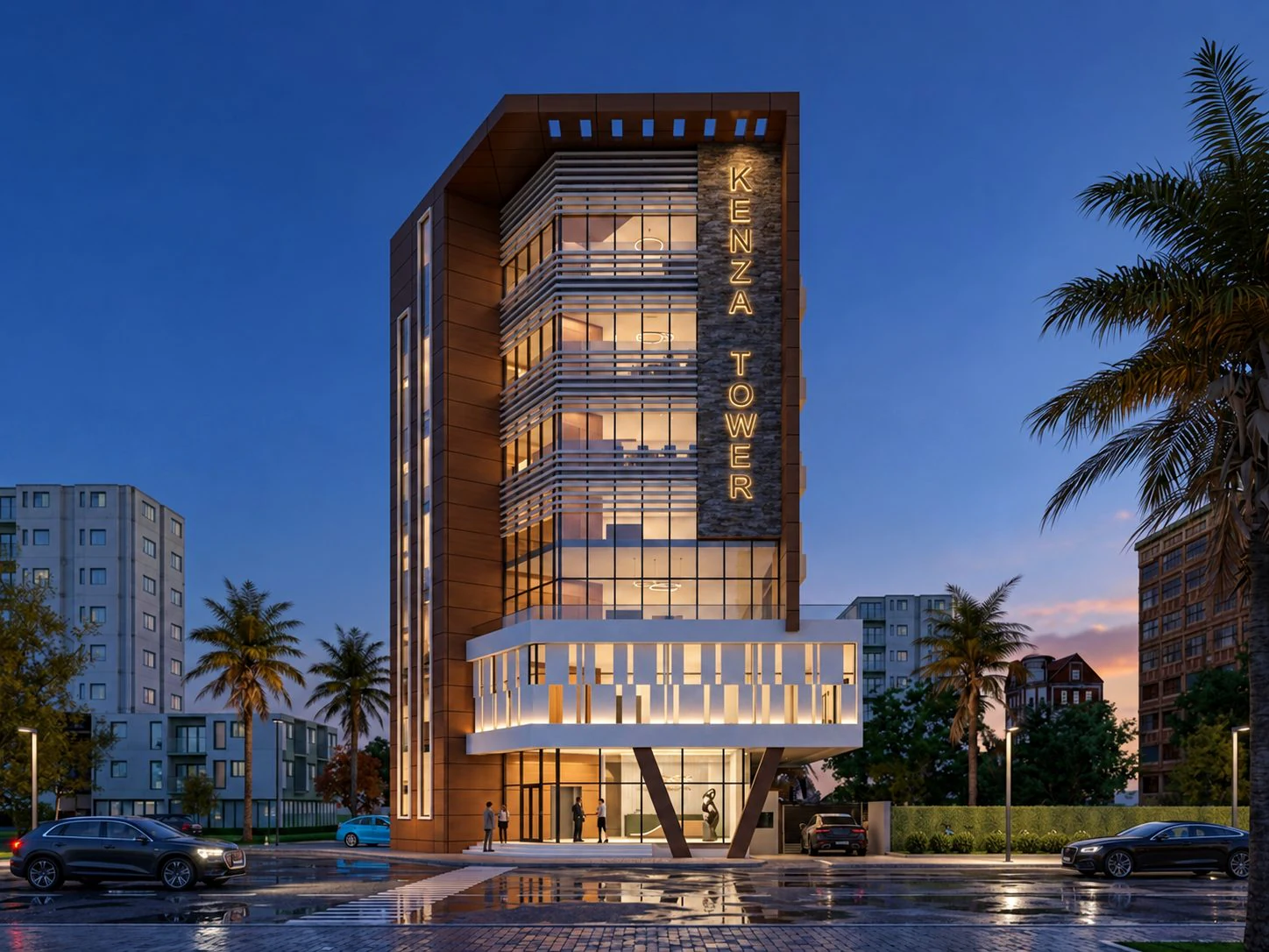 Immeuble R+5 de bureaux — façade principale de la tour à la tombée du jour