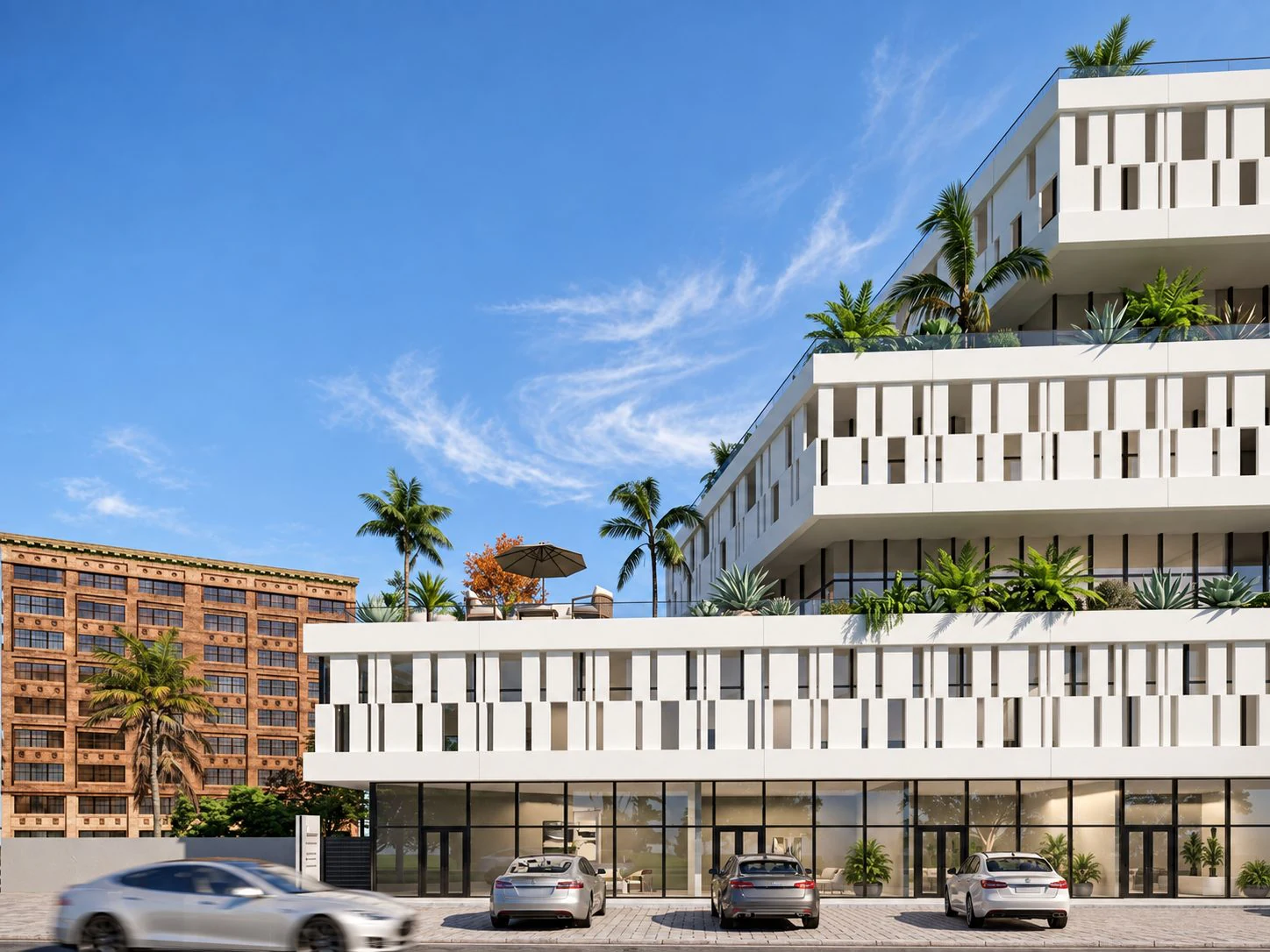 Immeuble R+5 de bureaux — vue d'ensemble des terrasses et du jardin en toiture