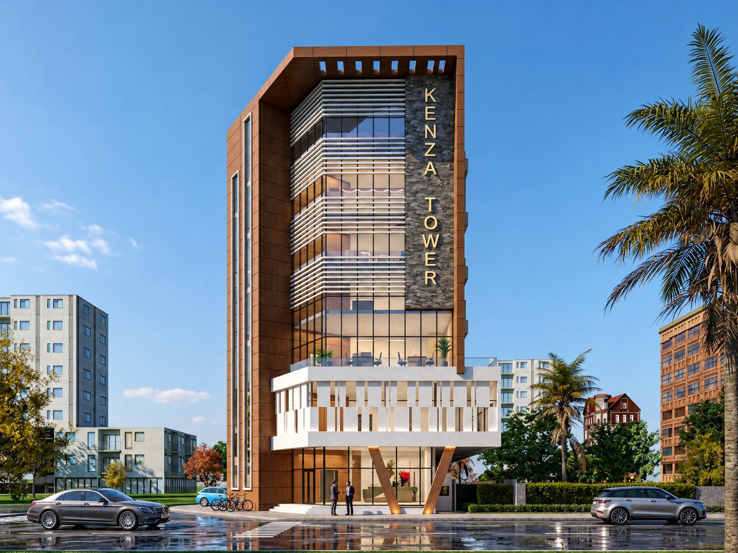 Immeuble R+5 de bureaux — façade principale de la tour, de jour