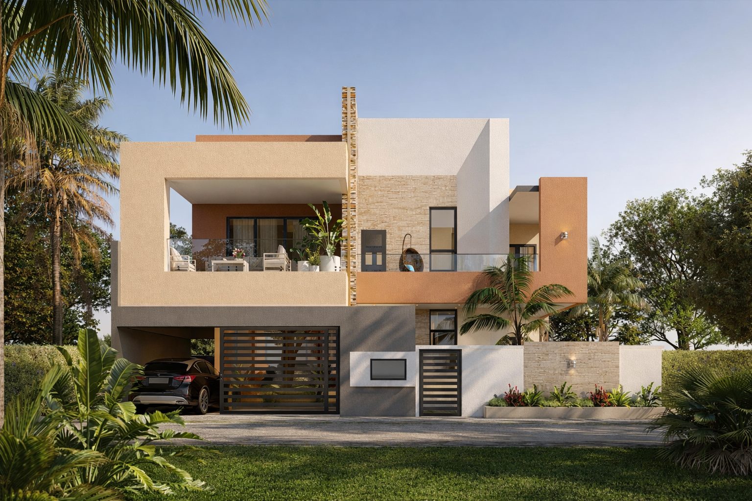 Triplex As — vue de la façade avant et de la terrasse couverte