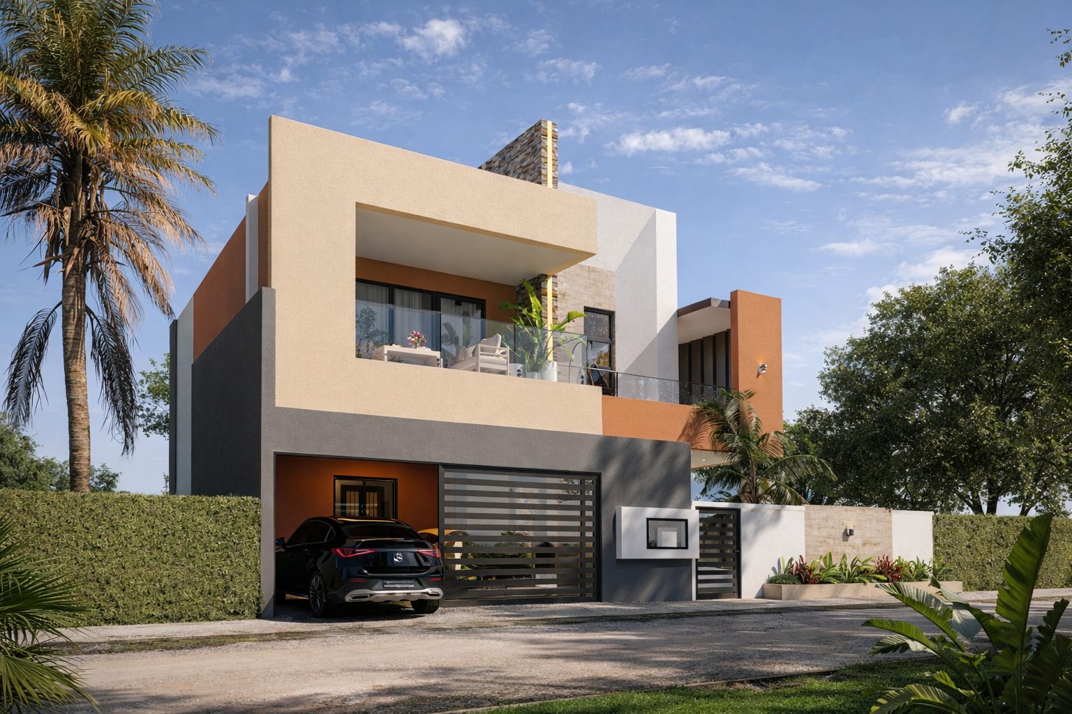 Triplex As — vue de la façade avant, garage et clôture