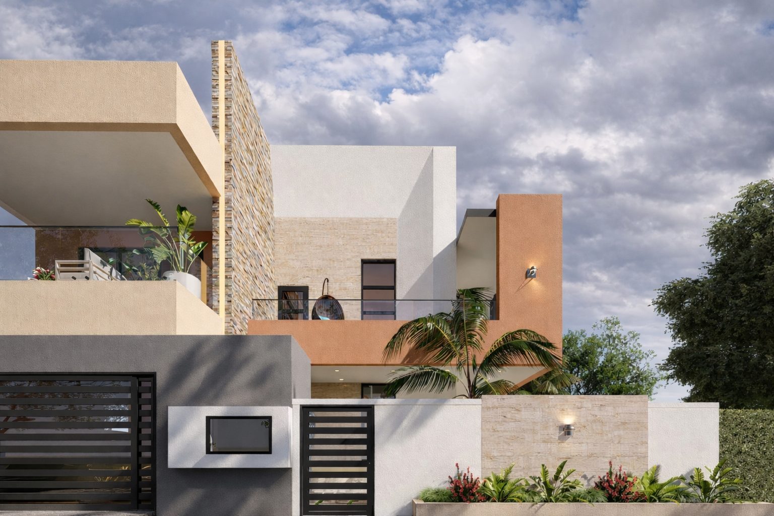 Triplex As — détail de la façade et de la clôture en pierre
