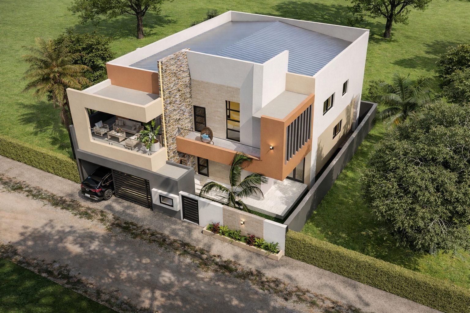 Triplex As — vue aérienne de la maison et de sa toiture-terrasse