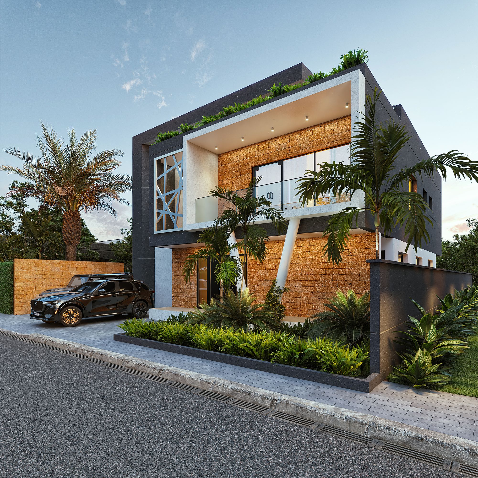 Triplex Cle — vue d'angle de la façade et de ses lames blanches