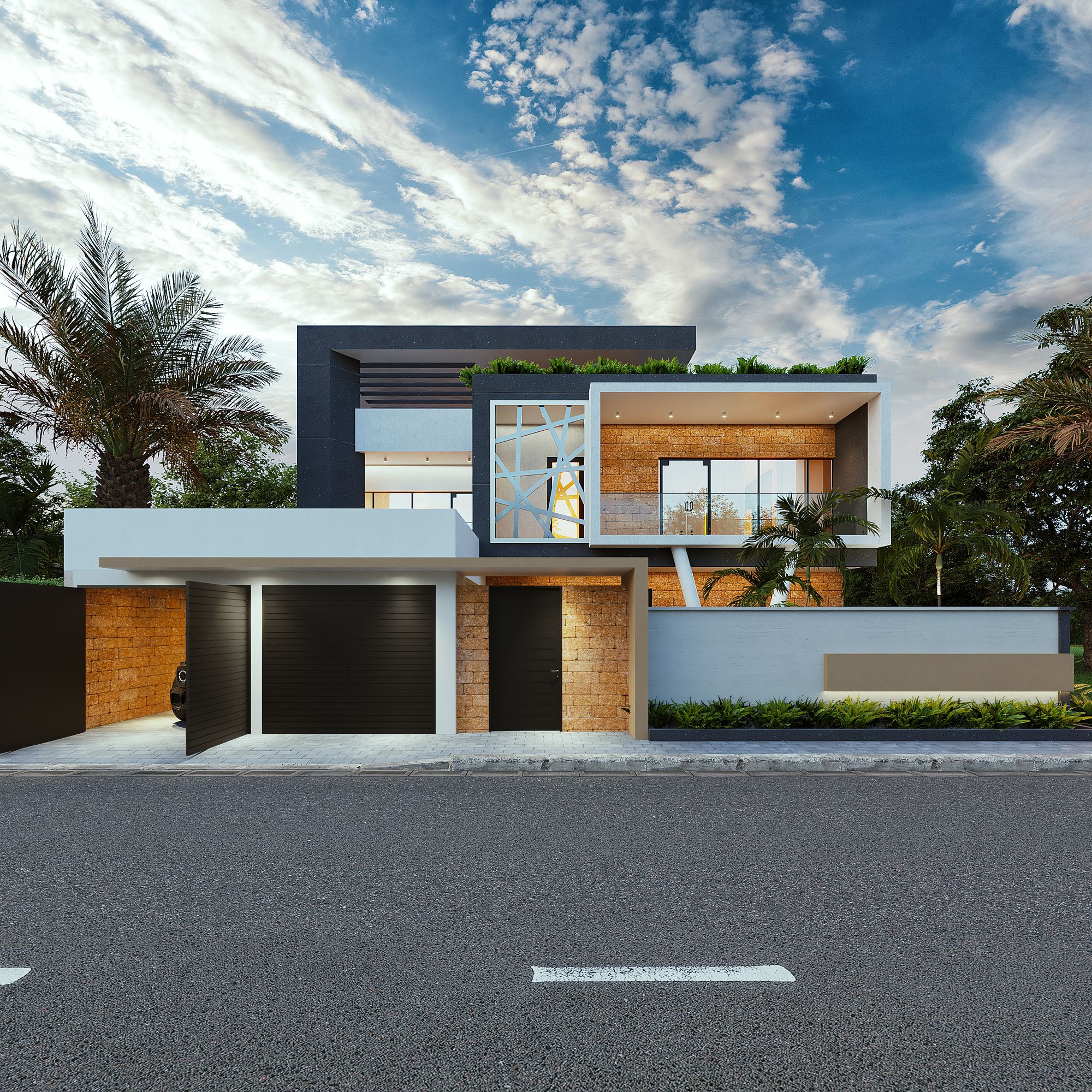 Triplex Cle — vue de la façade avant et du garage