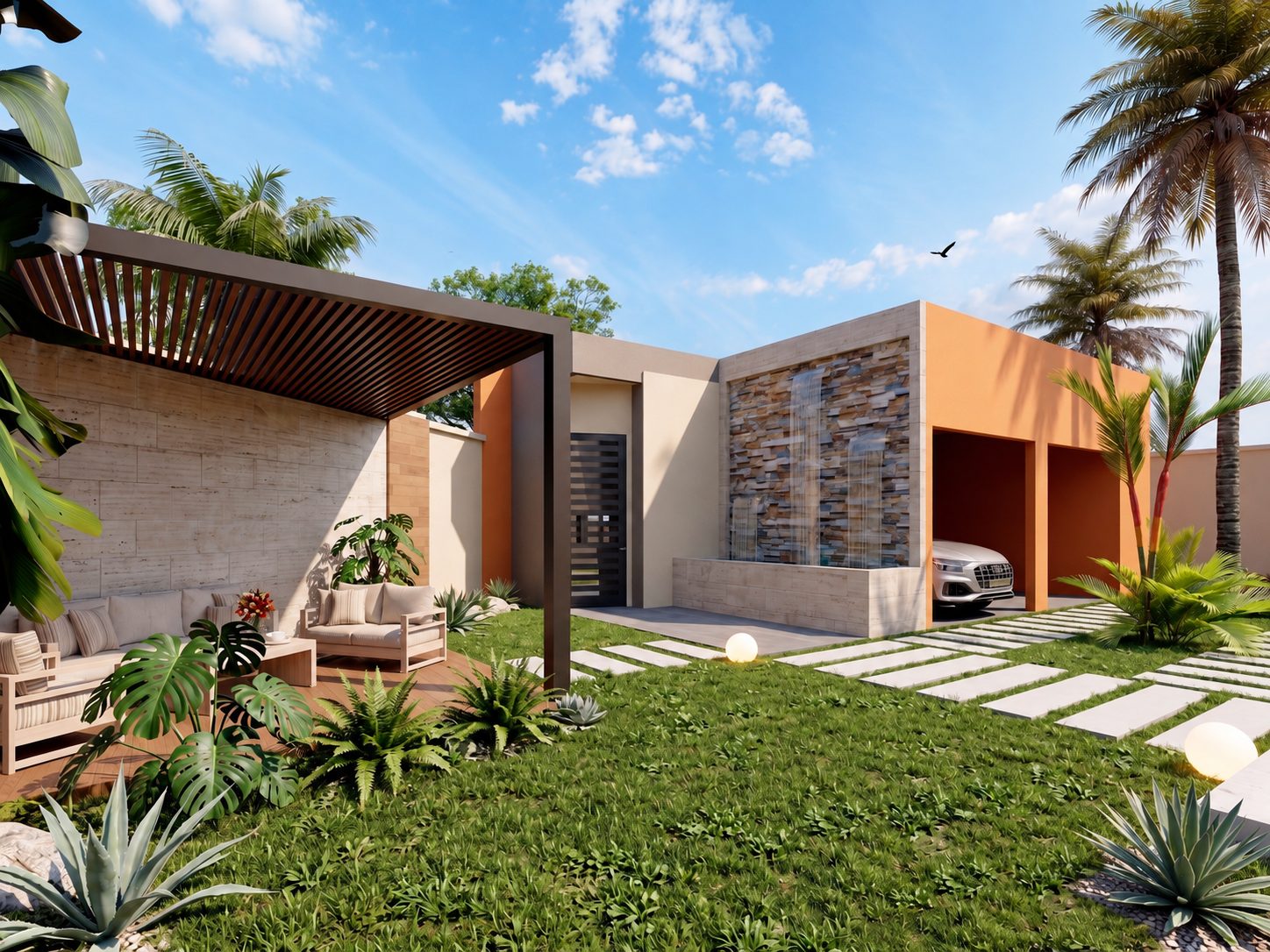 Triplex Ro — terrasse sous pergola et jardin