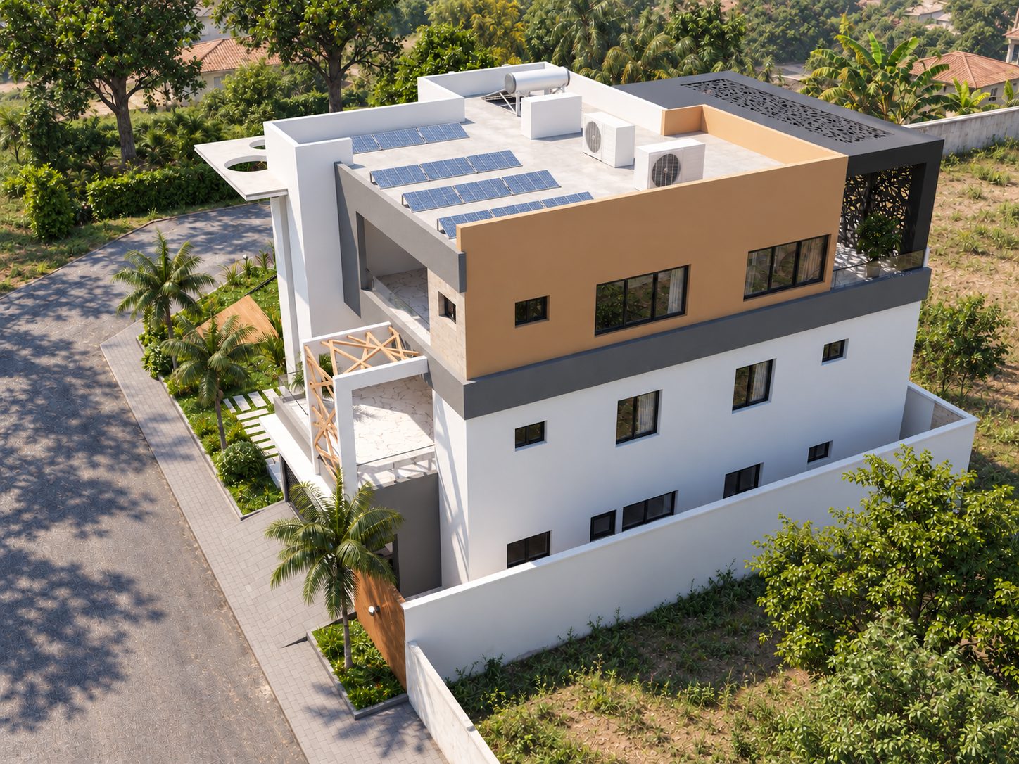 Triplex Ro — vue aérienne de la façade et des panneaux solaires