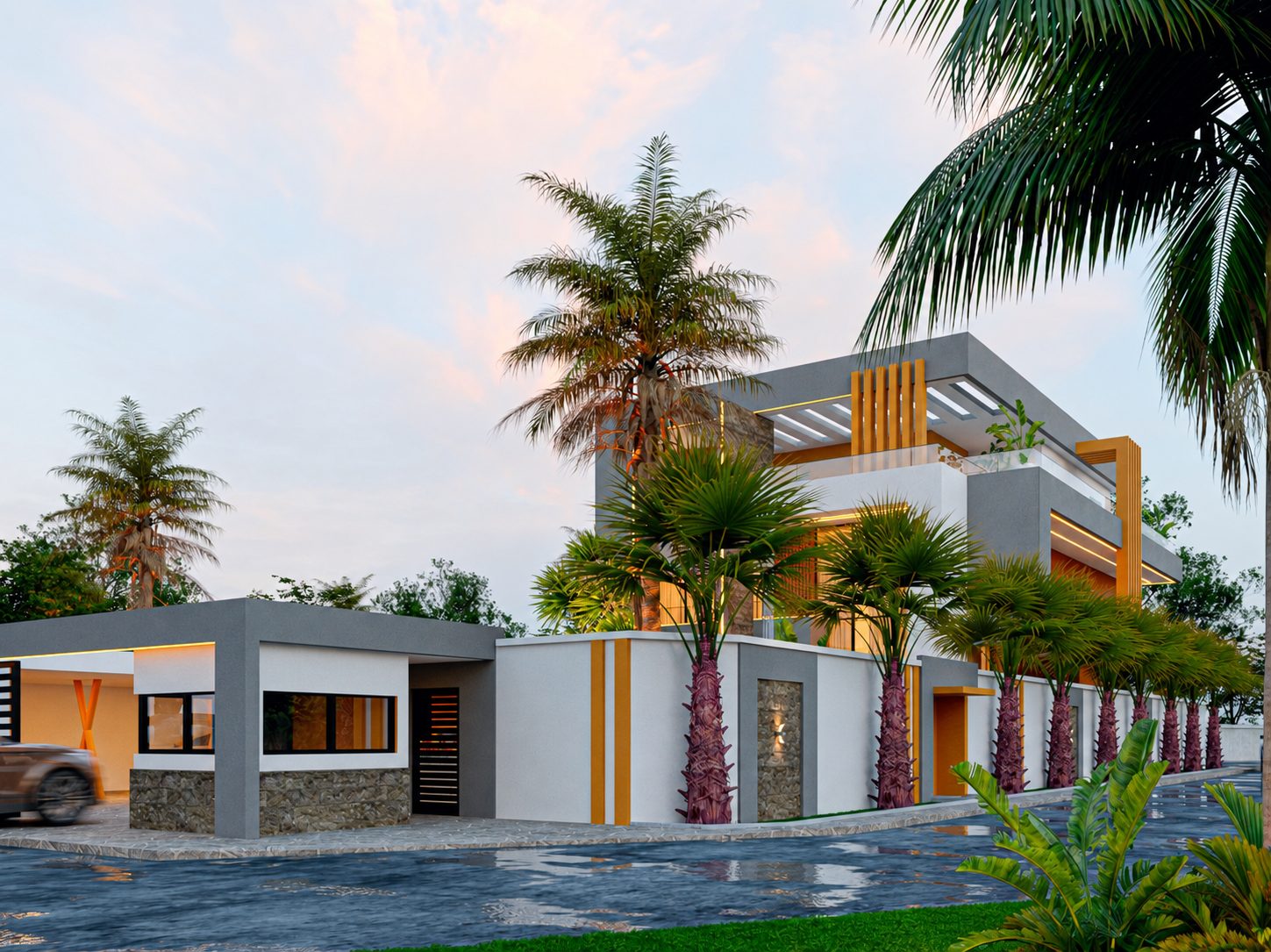 Triplex Sou — vue d'angle de la façade et du garage