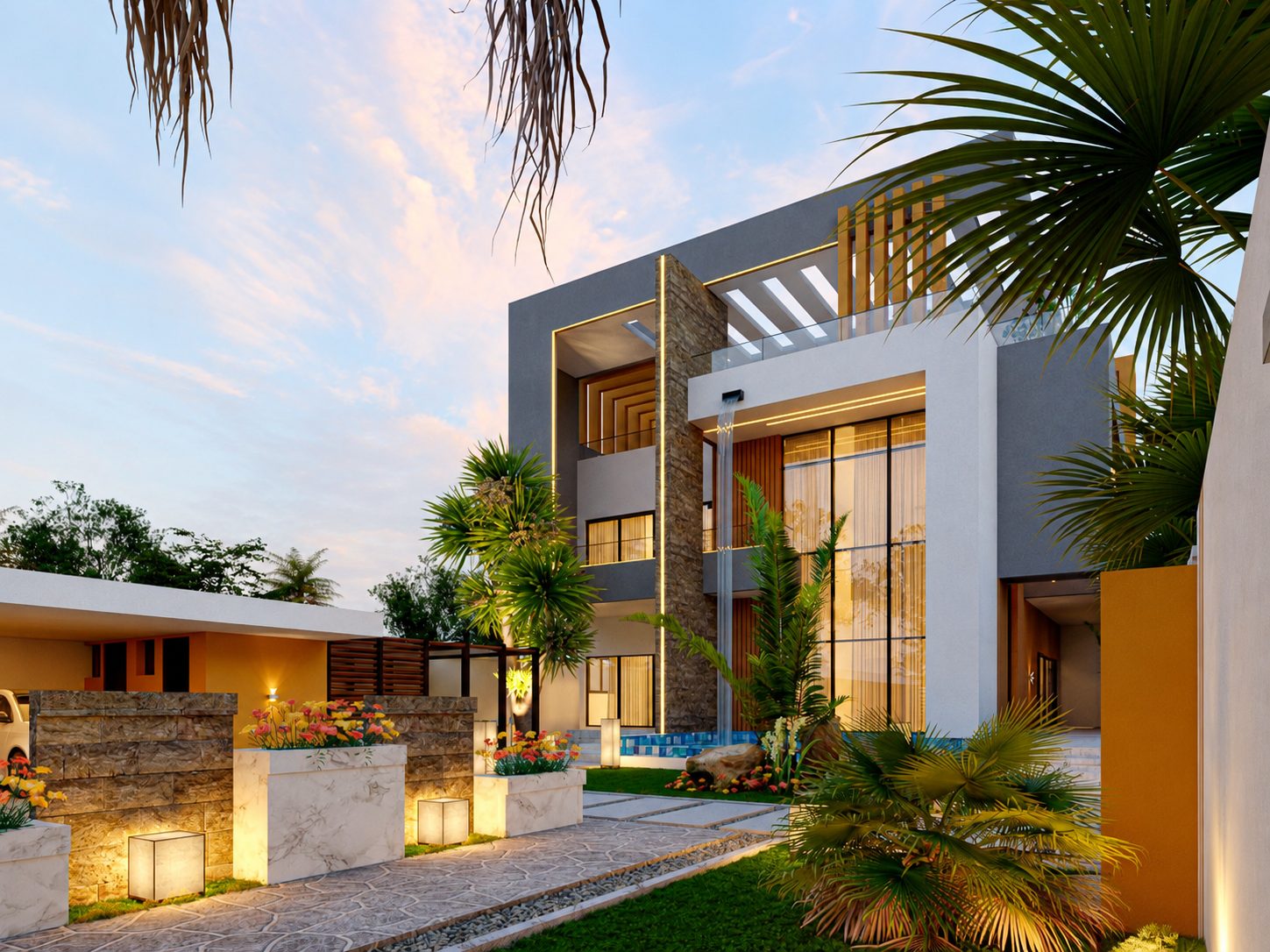 Triplex Sou — vue de la façade d'entrée au crépuscule