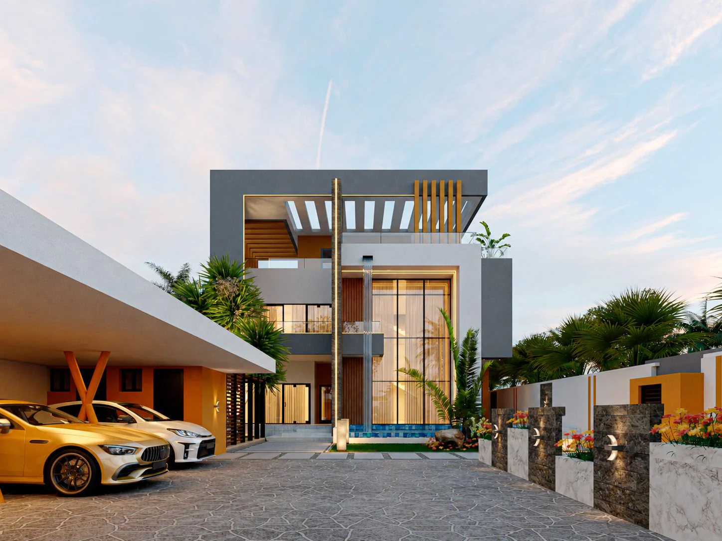 Triplex Sou — cour d'entrée, garage et façade vitrée