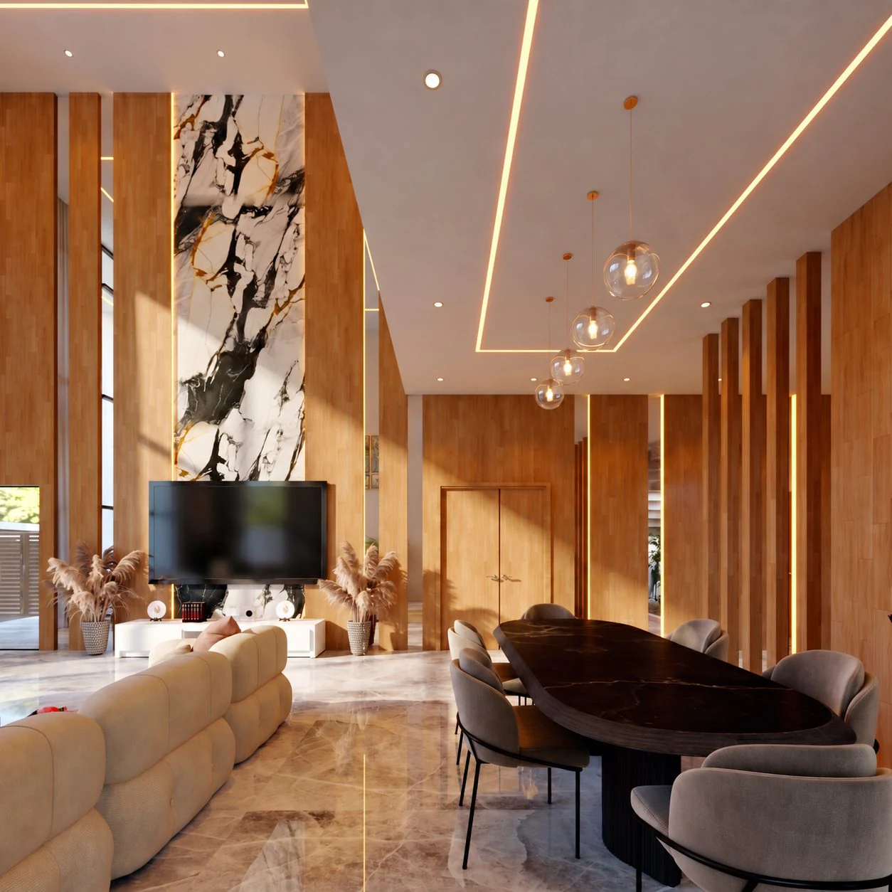Triplex Sou — salon et salle à manger, cloisons de bois