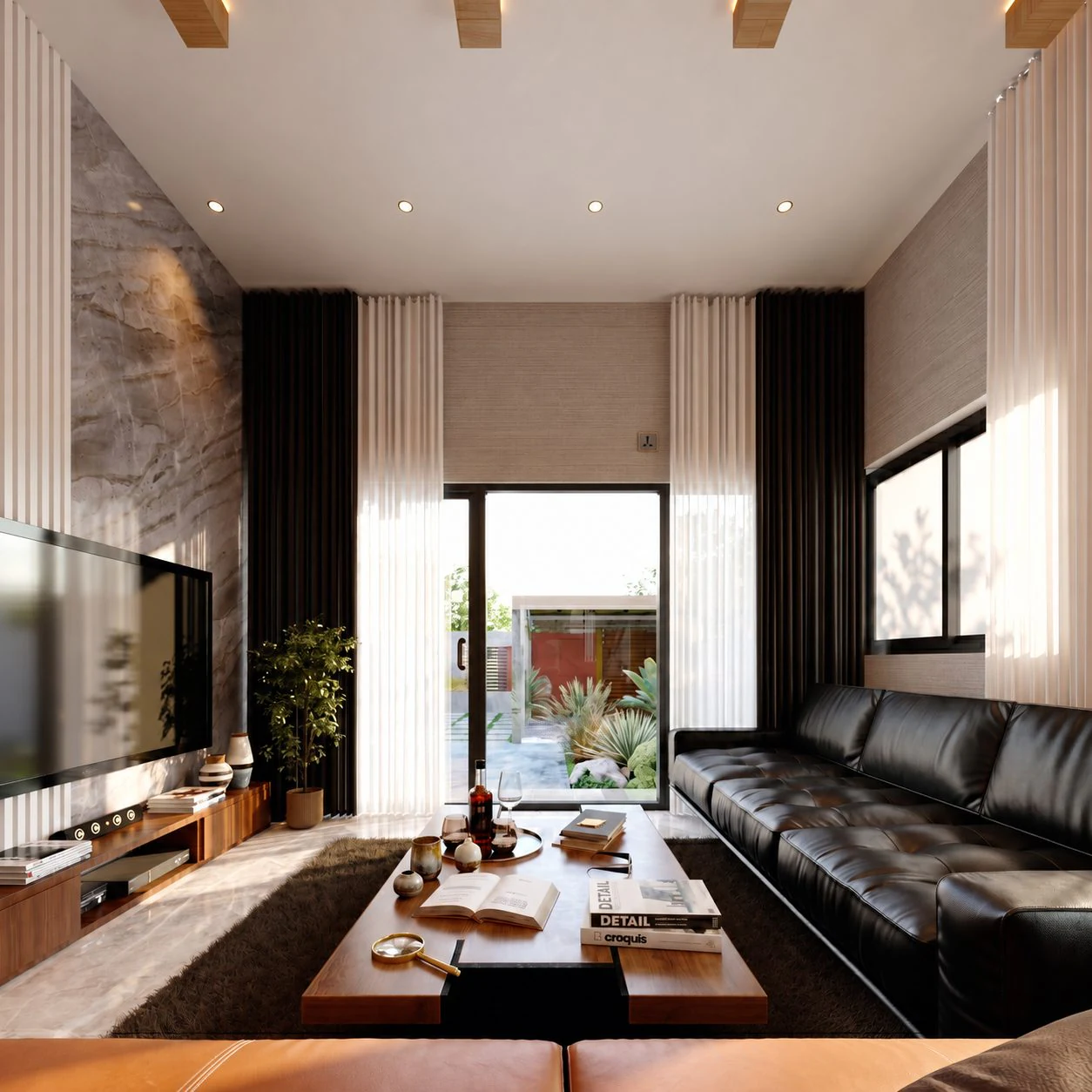Triplex Sou — salon, mur de marbre et grandes baies