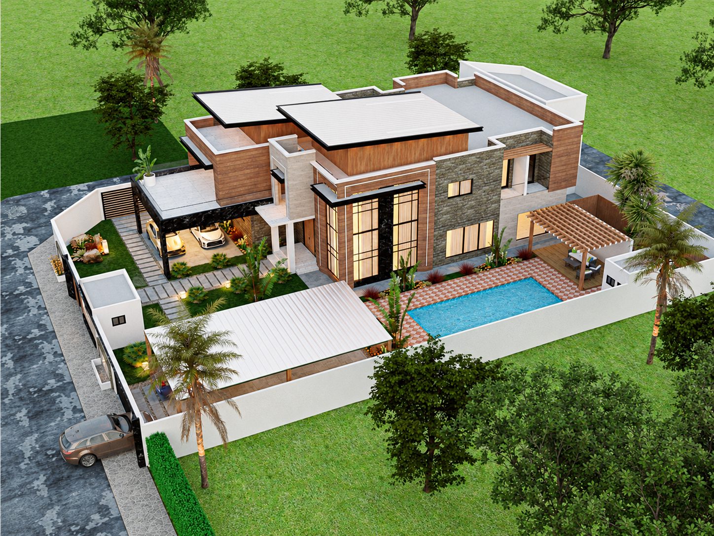 Triplex Za — vue aérienne de la maison, du jardin et de la piscine