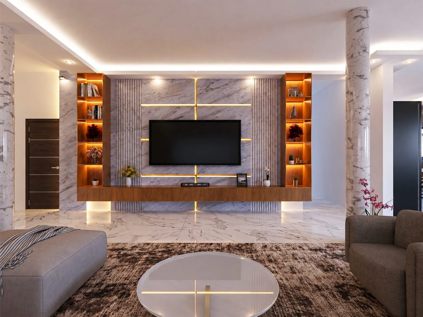 Triplex Za — salon avec meuble télévision et rangements éclairés